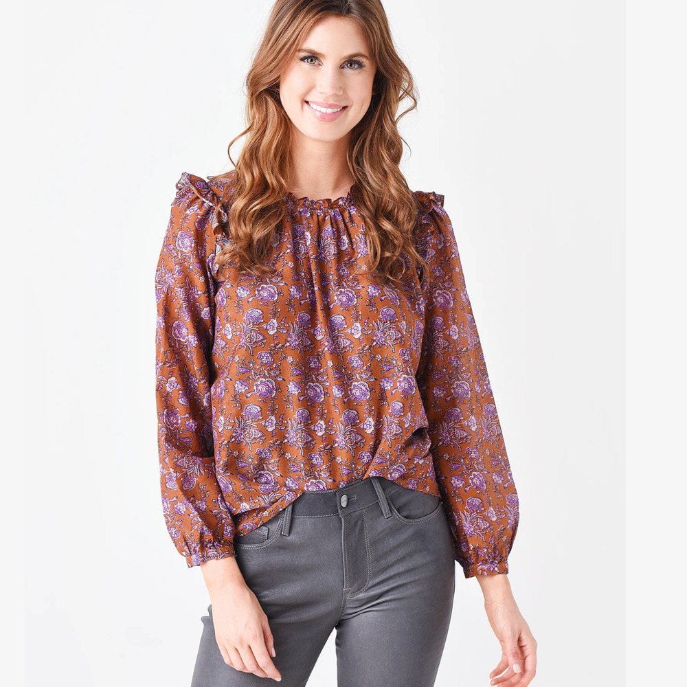 XiRENA Women's Ruffle Trim Lanie Top in Brown Floral Print size Small